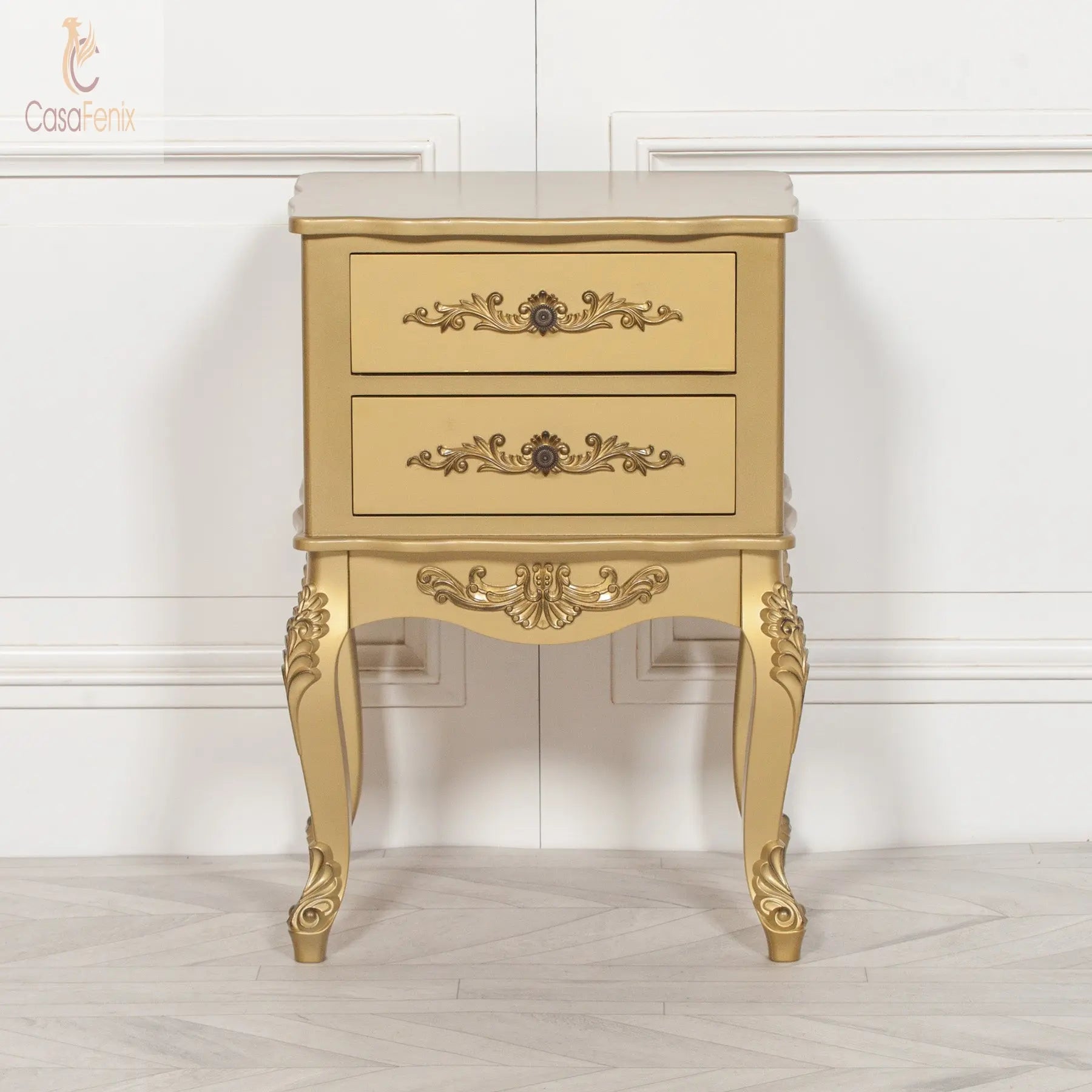 French Antique Gold Painted 2 Drawer Bedside Table French Rococo Style CasaFenix