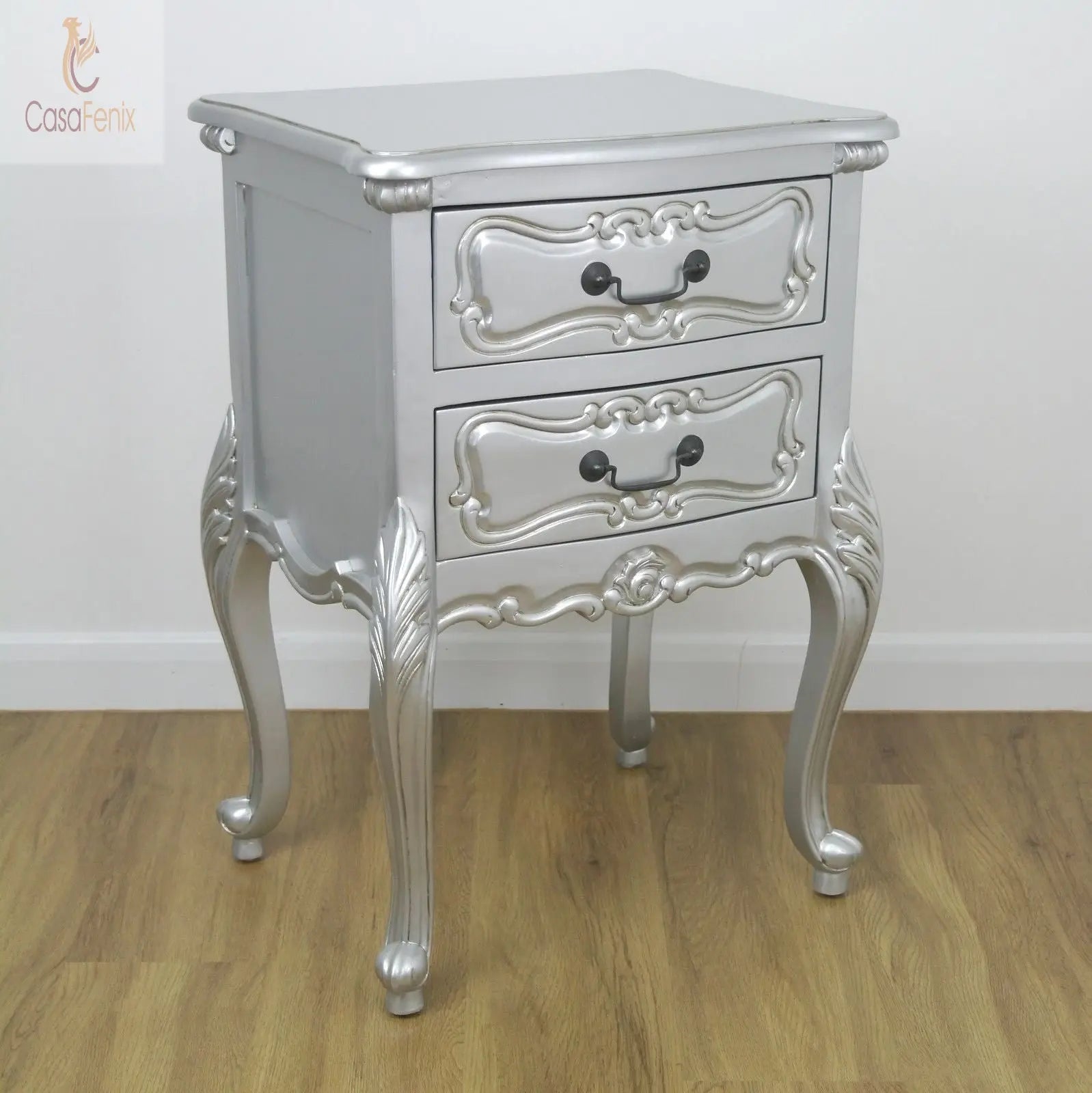 Carved Rococo Style Silver Painted 2 Drawer Bedside Table - CasaFenix