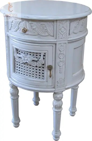 Round Drum French Style Bedside Stand / Table One Drawer Chest Solid Mahogany & Rattan - CasaFenix