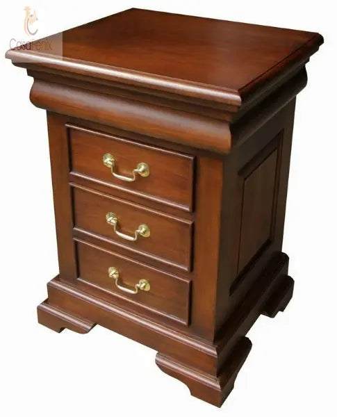 French Sleigh Bedside Table Three Drawer Chest Solid Mahogany - CasaFenix