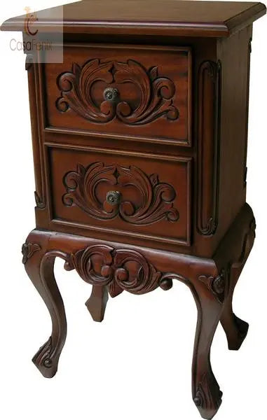 French Rococo Bedside Table Two Drawer Chest Solid Mahogany - CasaFenix