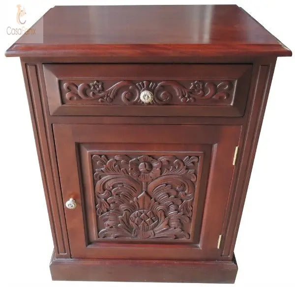 Large French Style 1 Drawer Bedside Chest 1 Door Cabinet / Stand / Table Solid Mahogany - CasaFenix
