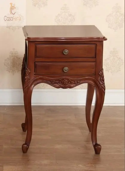 French Louis Style Bedside Stand  2 Drawer Carved Solid Mahogany Chest - CasaFenix