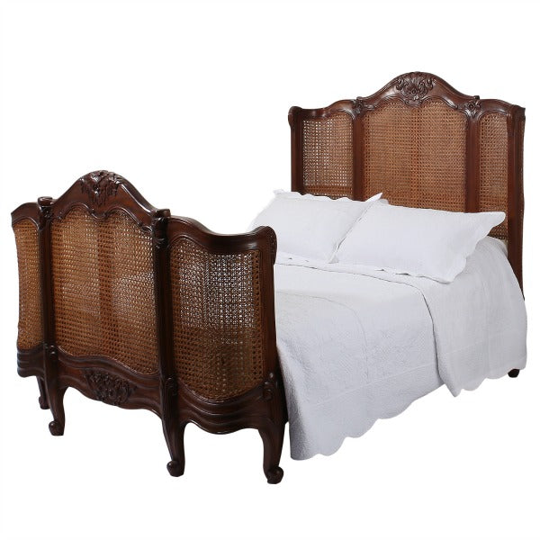 French Carved Mahogany Rattan Curved Bed - CasaFenix