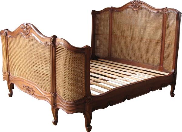 French Carved Mahogany Rattan Curved Bed - CasaFenix
