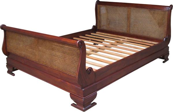 French Style Solid Mahogany & Rattan Sleigh Bed - CasaFenix