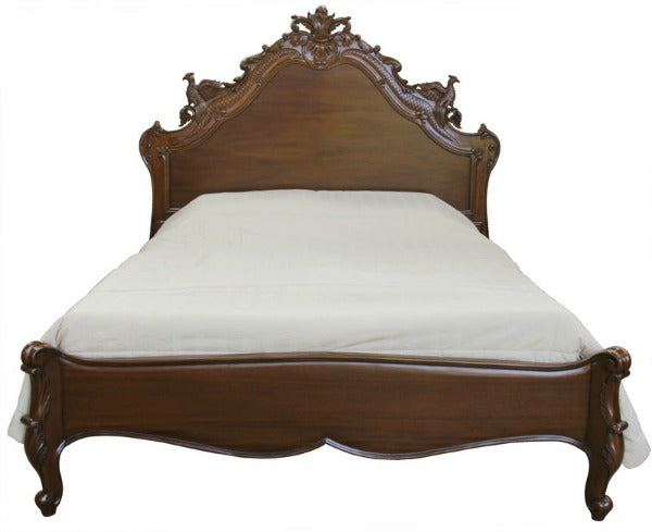 French Style Mahogany Carved Bird Design Beautiful Bed - CasaFenix