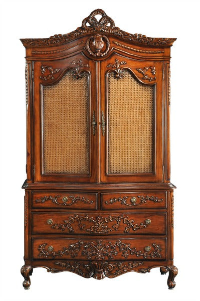 Amboise French Bedroom 2 Door Linen Press /  4 Drawer Chest Solid Carved Mahogany & Rattan - CasaFenix