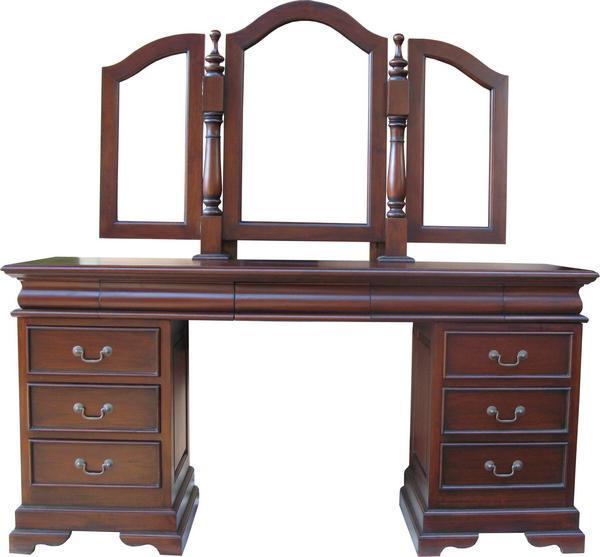 Sleigh Style Solid Mahogany Nine Drawer Dressing Table + Tri-Fold mirror - CasaFenix