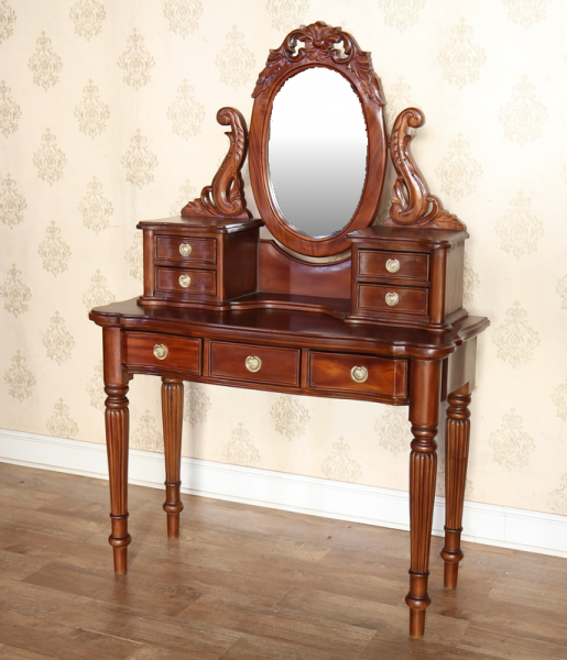 Ornately Carved Victorian Style Solid Mahogany 7 Drawer Dressing Table + Mirror - CasaFenix