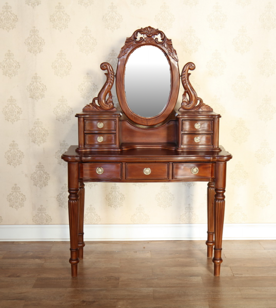 Ornately Carved Victorian Style Solid Mahogany 7 Drawer Dressing Table + Mirror - CasaFenix