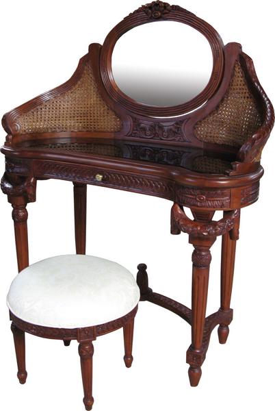 Sleigh Style Solid Mahogany 1 Drawer Dressing Table + Rattan Back + Mirror - CasaFenix