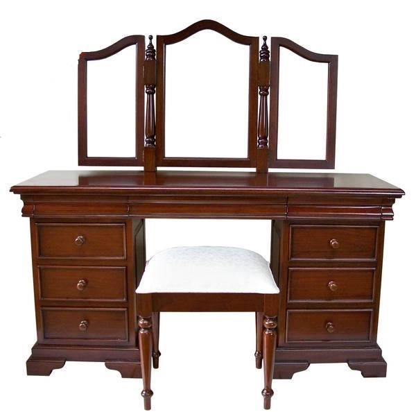 French Louis Style Solid Mahogany 9 Drawer Dressing Table + Stool & Tri Fold Mirror - CasaFenix