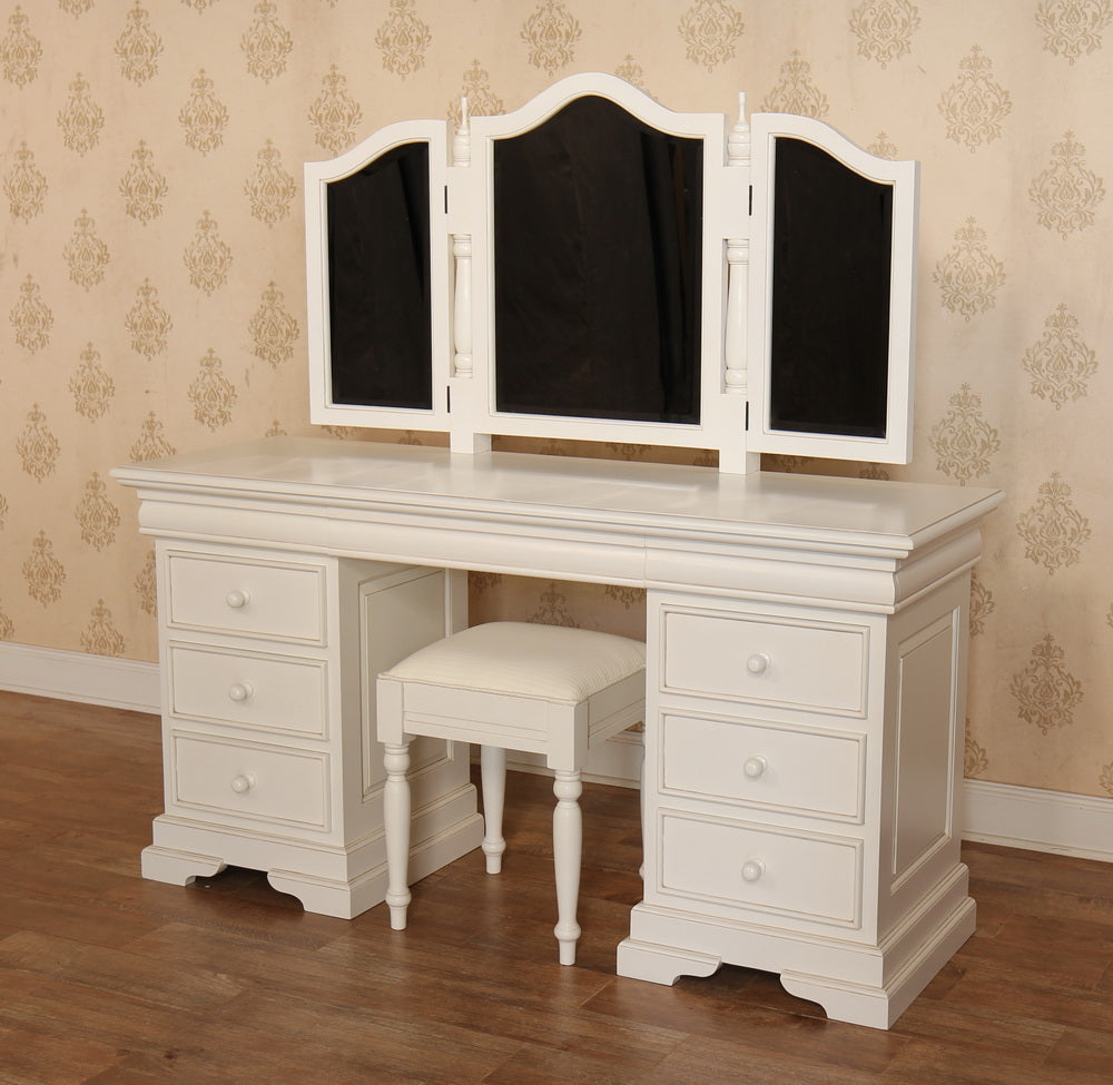 French Louis Style Solid Mahogany 9 Drawer Dressing Table + Stool & Tri Fold Mirror - CasaFenix