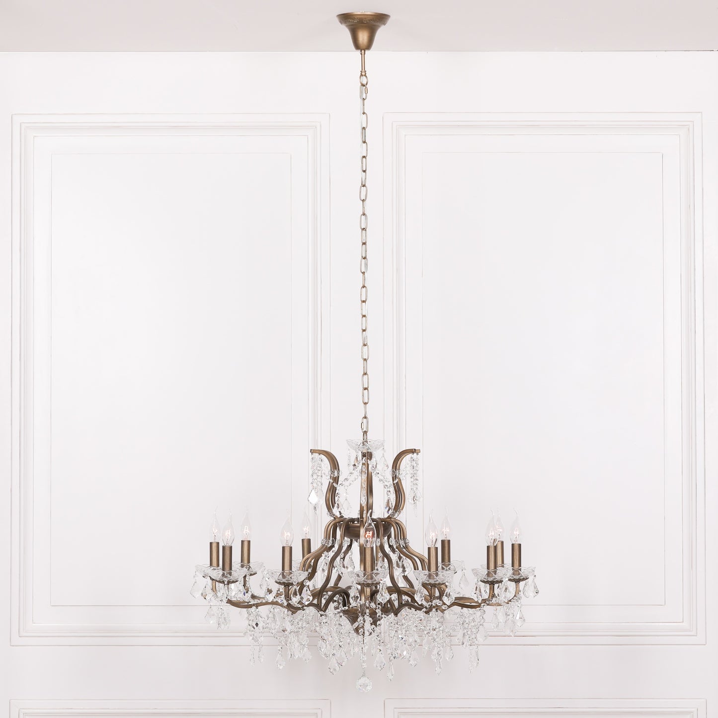 Gold 12 Branch Shallow Cut Glass Chandelier