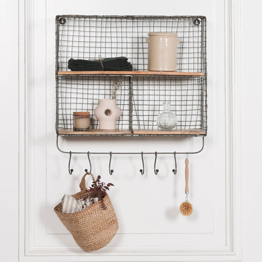 Wire 3 Compartment Wall Shelf with Wood Shelves and Hooks