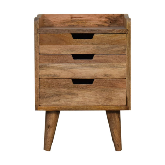 Oak-ish Small Gallery Back Bedside Table 3 Drawer Chest - CasaFenix