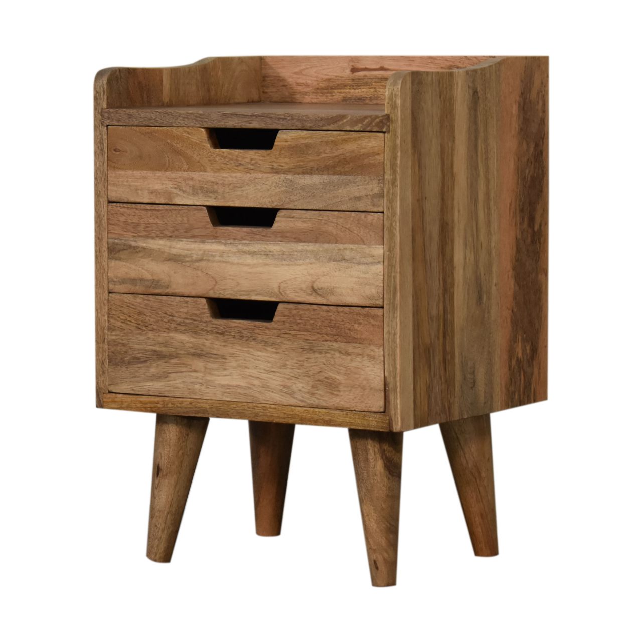 Oak-ish Small Gallery Back Bedside Table 3 Drawer Chest - CasaFenix
