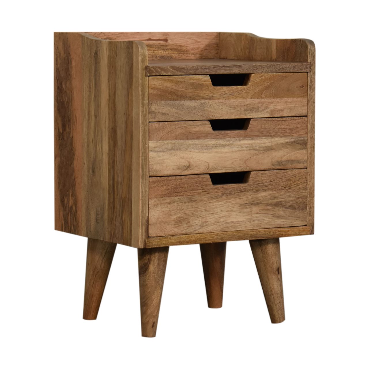 Oak-ish Small Gallery Back Bedside Table 3 Drawer Chest - CasaFenix