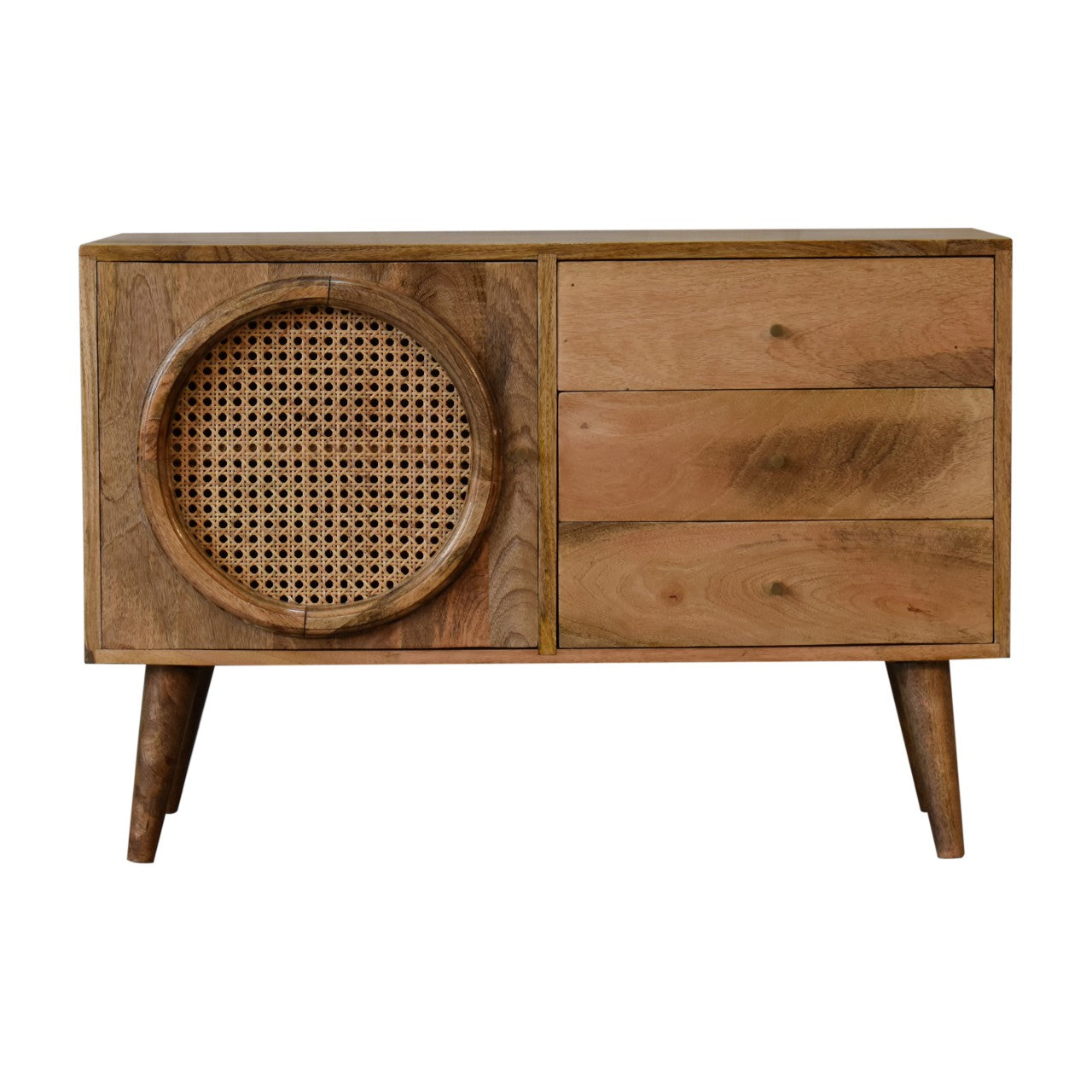 Larissa Sideboard Rattan & Oak Finished Mango Wood 1 Door Cupboard 3 Drawers - CasaFenix