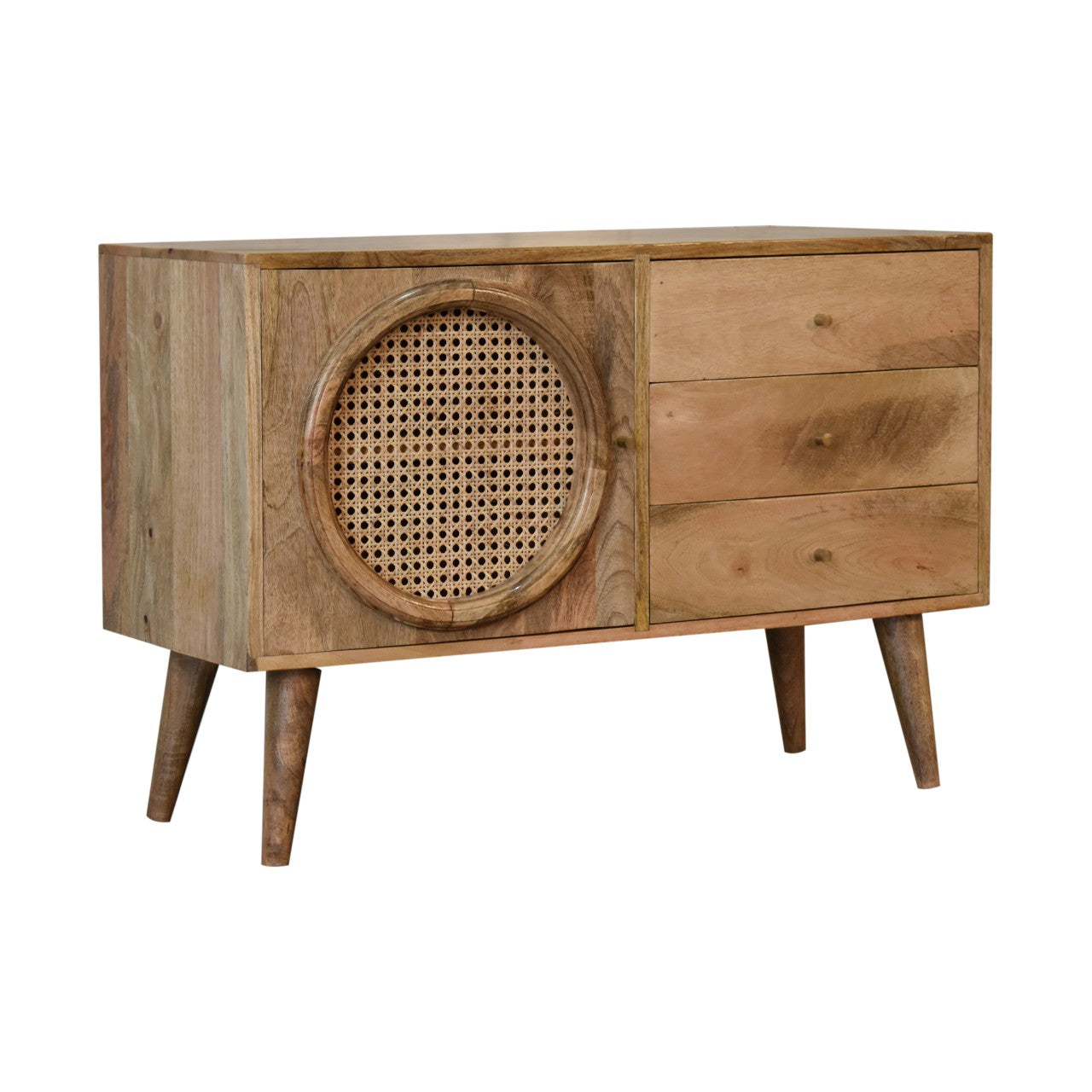 Larissa Sideboard Rattan & Oak Finished Mango Wood 1 Door Cupboard 3 Drawers - CasaFenix