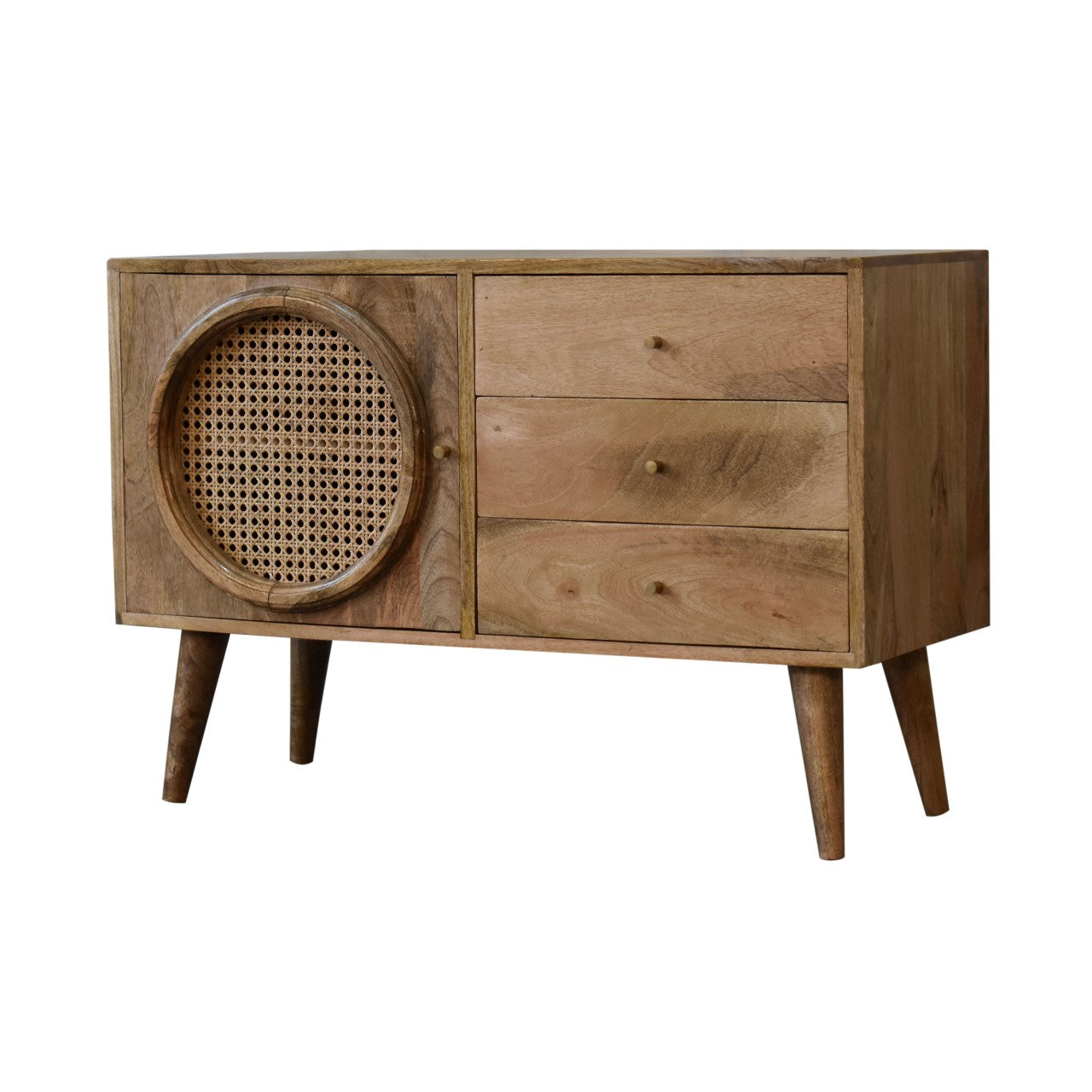 Larissa Sideboard Rattan & Oak Finished Mango Wood 1 Door Cupboard 3 Drawers - CasaFenix