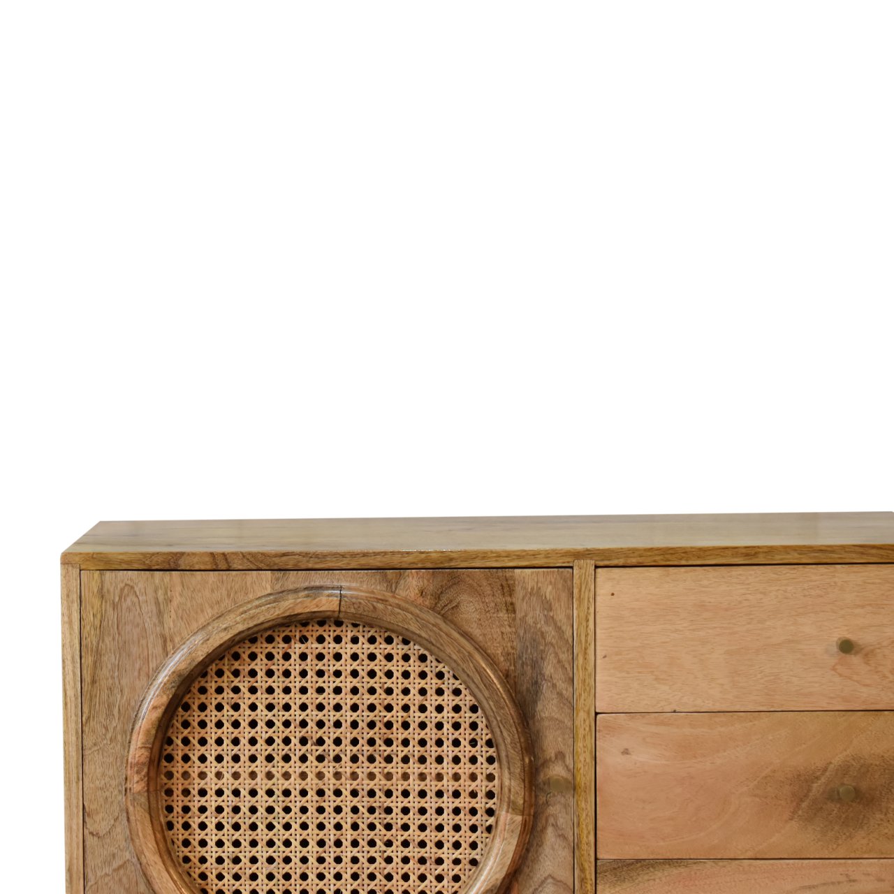 Larissa Sideboard Rattan & Oak Finished Mango Wood 1 Door Cupboard 3 Drawers - CasaFenix