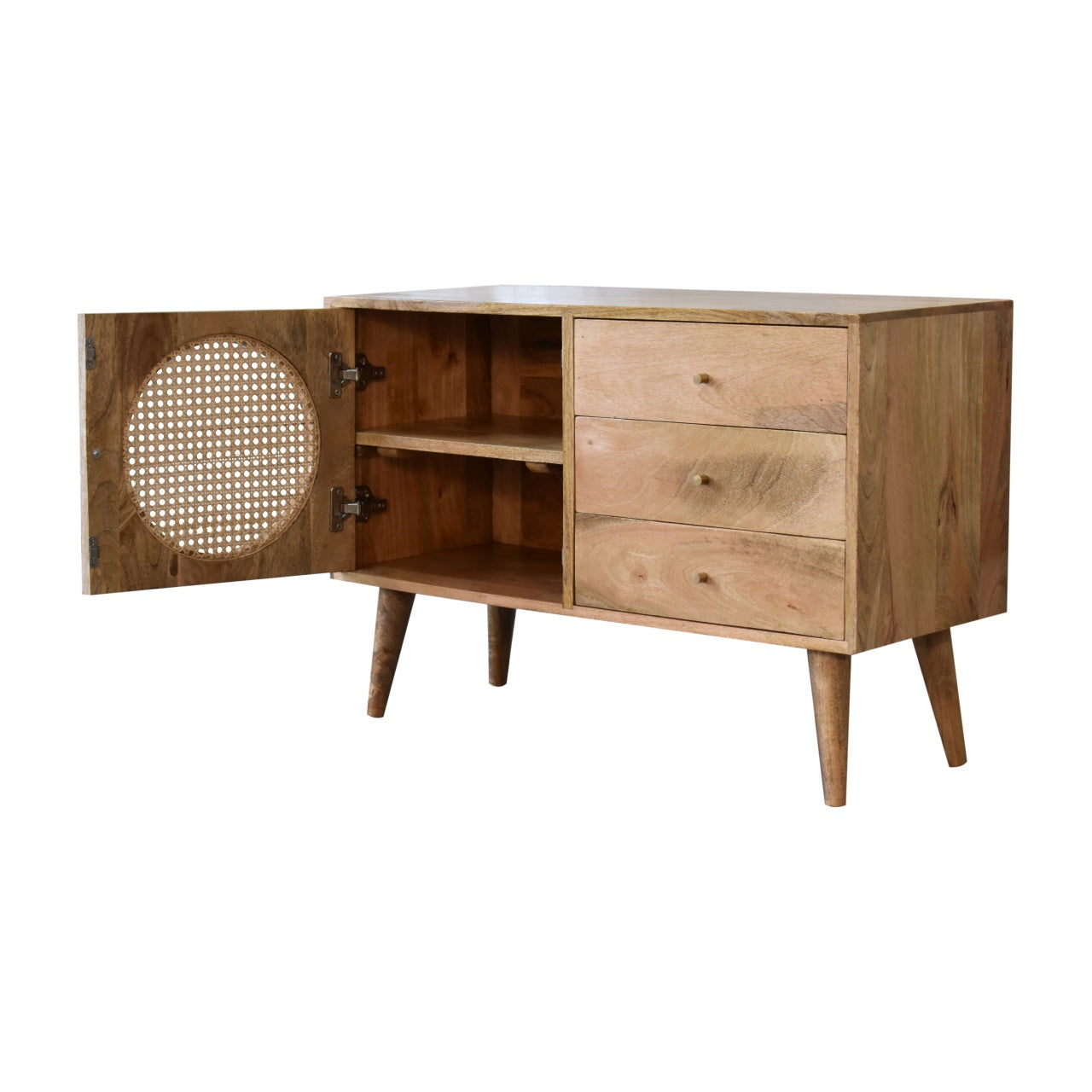 Larissa Sideboard Rattan & Oak Finished Mango Wood 1 Door Cupboard 3 Drawers - CasaFenix