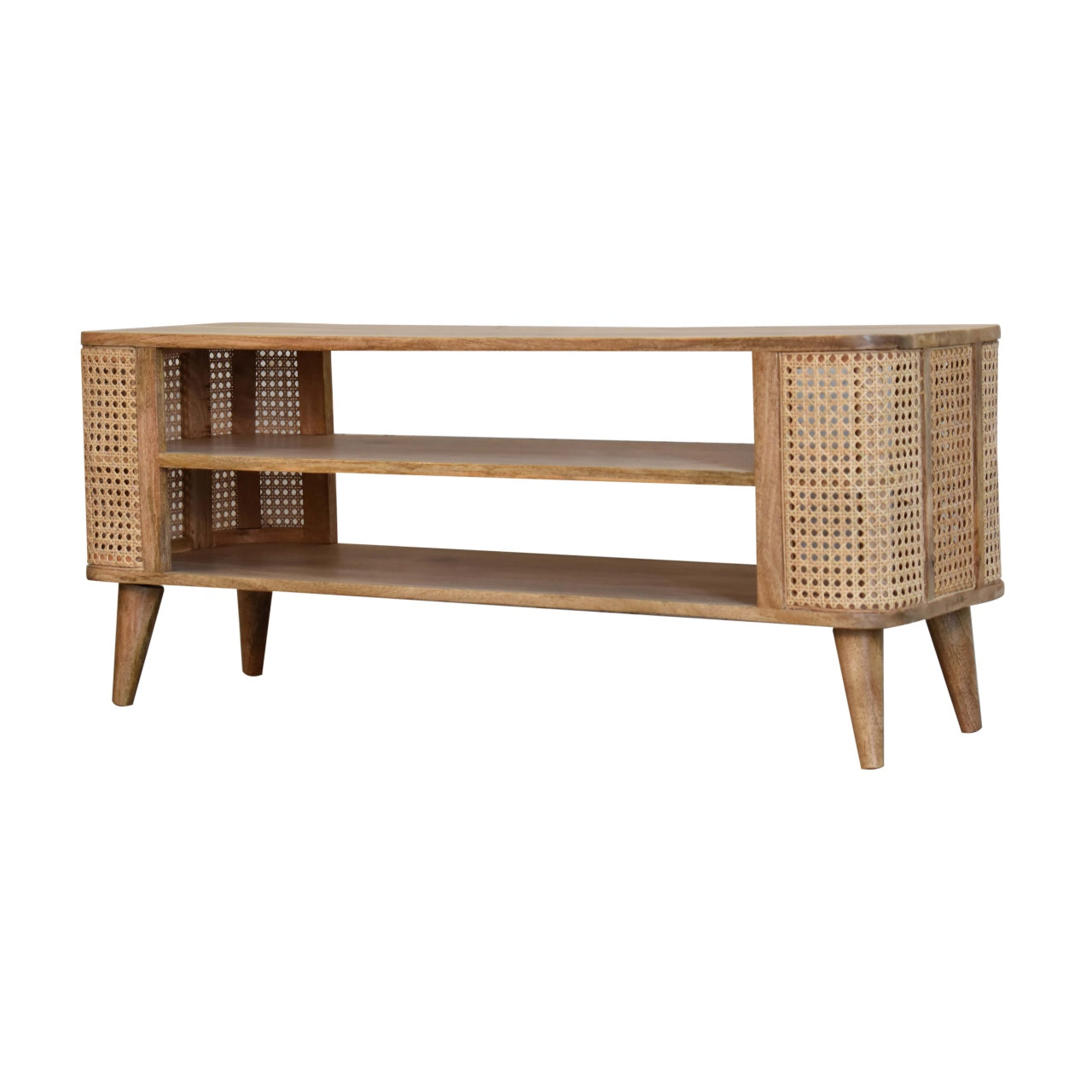 Larissa Open Media Unit Rattan TV Stand Oak finished Mango Wood - CasaFenix