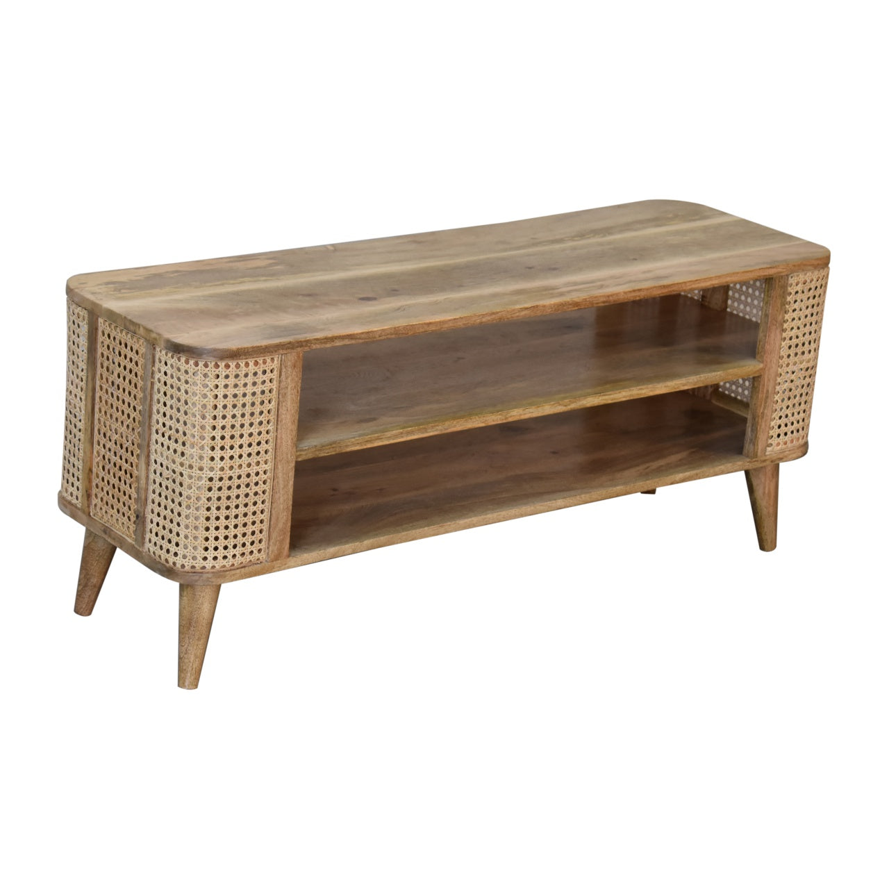 Larissa Open Media Unit Rattan TV Stand Oak finished Mango Wood - CasaFenix