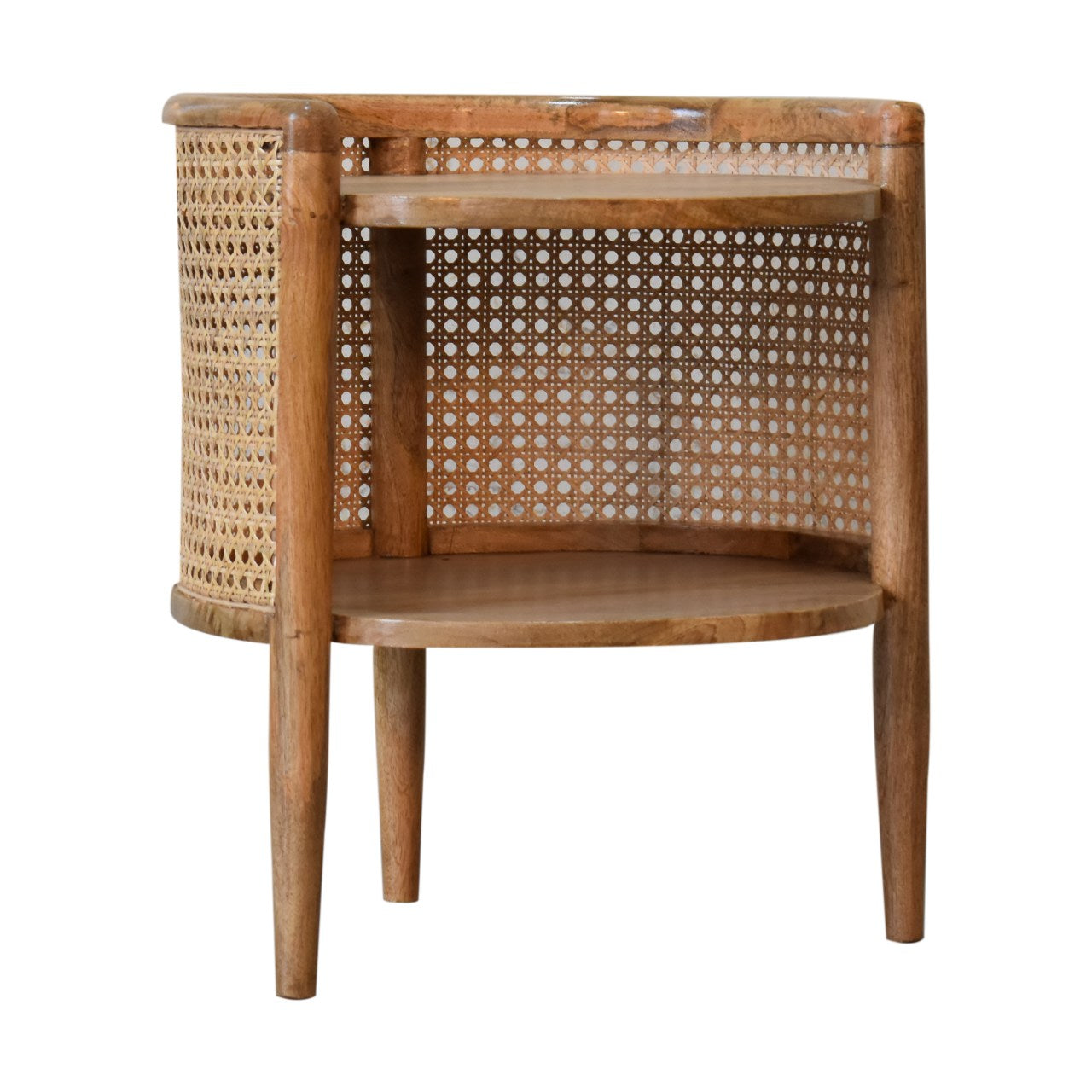 Larissa Round Bedside Storage Table Rattan & Mango Wood in Oak-Ish Finish - CasaFenix