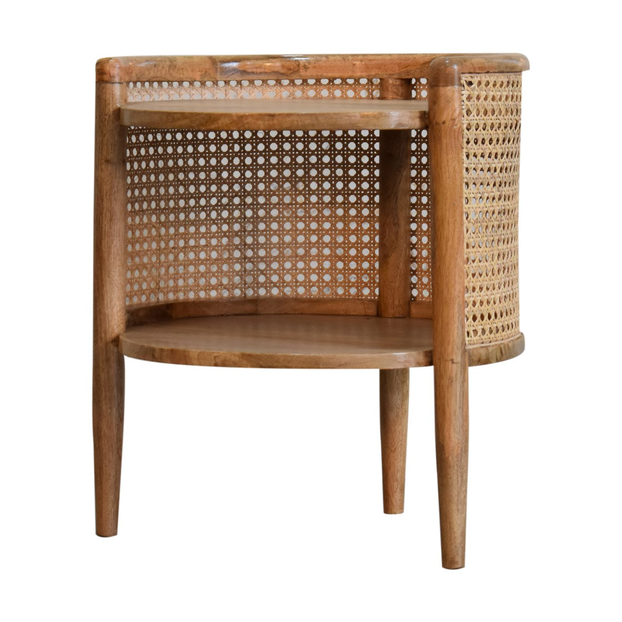 Larissa Round Bedside Storage Table Rattan & Mango Wood in Oak-Ish Finish - CasaFenix