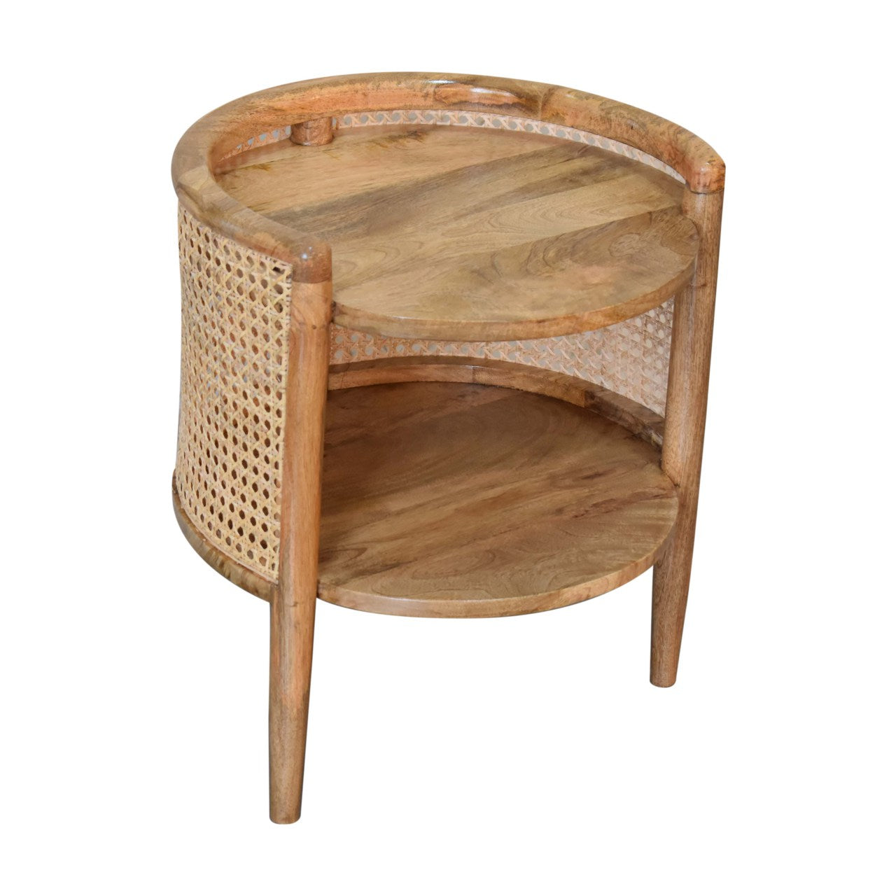 Larissa Round Bedside Storage Table Rattan & Mango Wood in Oak-Ish Finish - CasaFenix