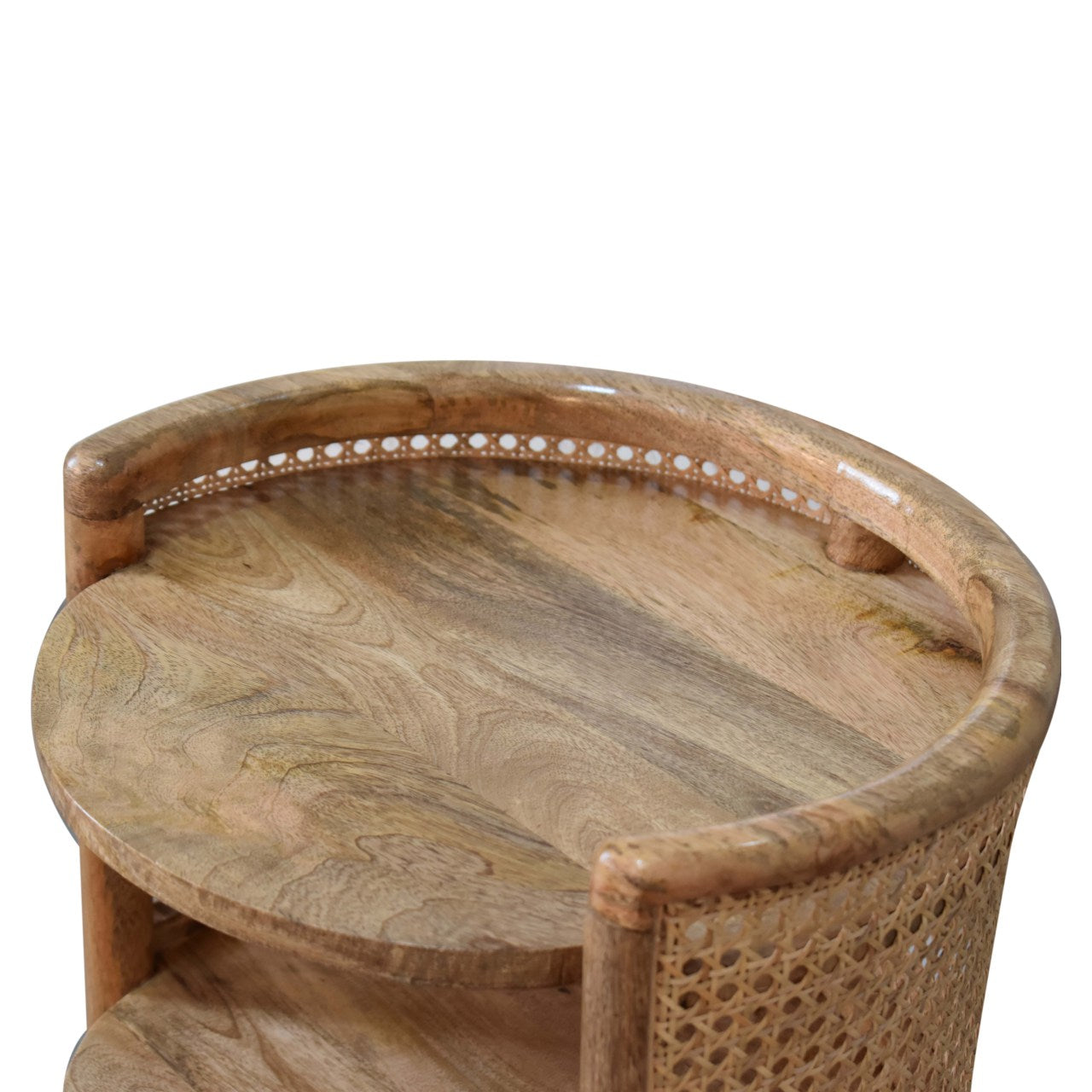 Larissa Round Bedside Storage Table Rattan & Mango Wood in Oak-Ish Finish - CasaFenix