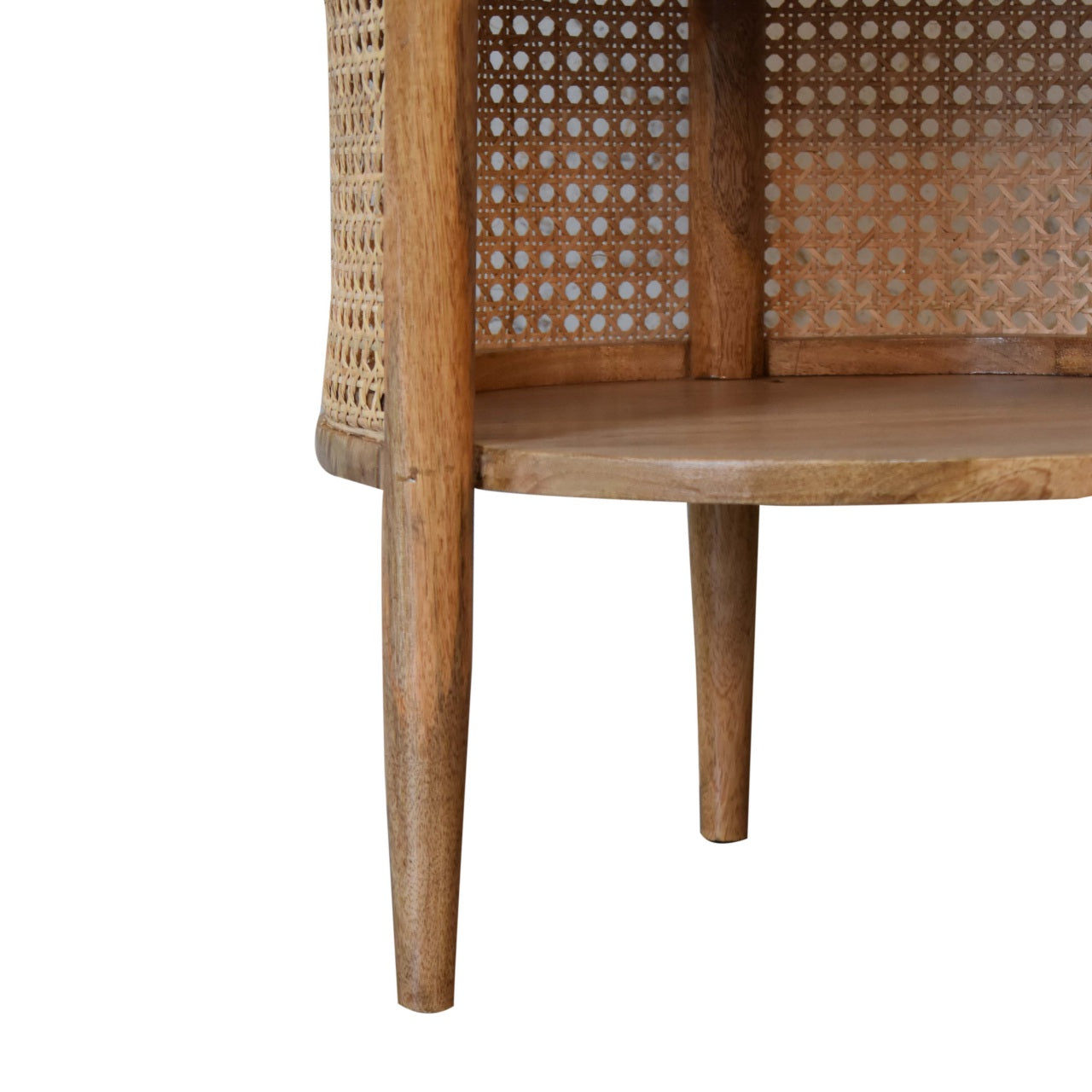 Larissa Round Bedside Storage Table Rattan & Mango Wood in Oak-Ish Finish - CasaFenix