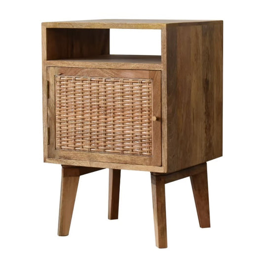 Wicker Knit 1 Door Bedside Chest Oak-ish Finish Over SOlid Mango Wood - CasaFenix