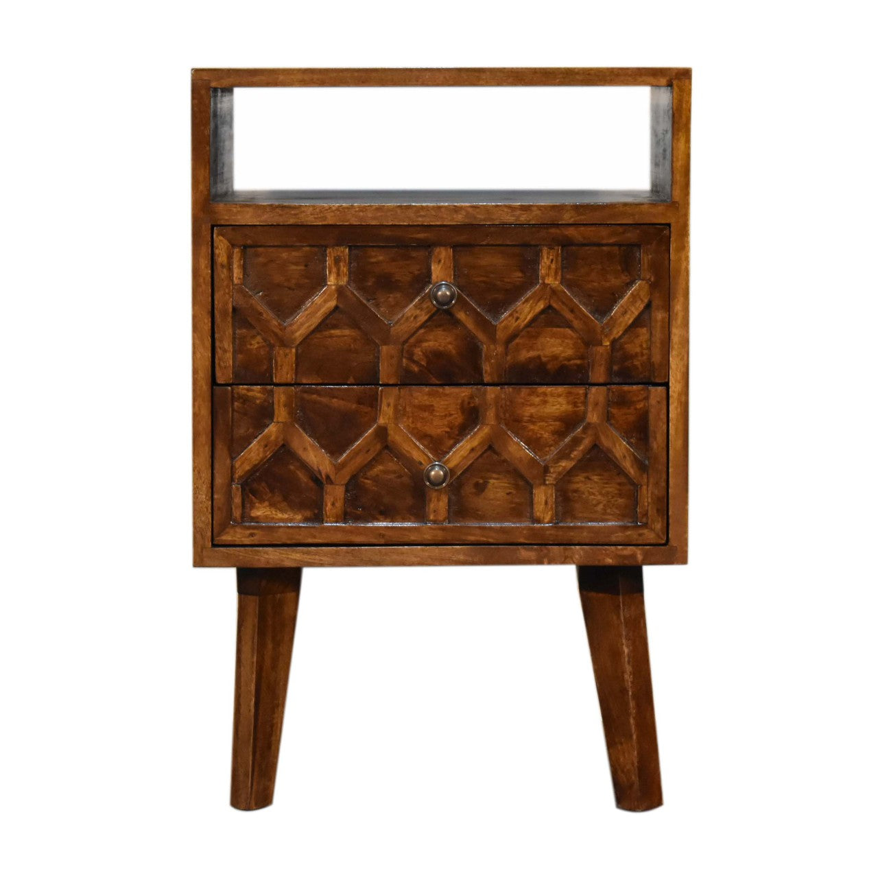 Amouri Bedside Table 2 Drawer Chest in Chestnut Finish Over SOlid Mango Wood - CasaFenix