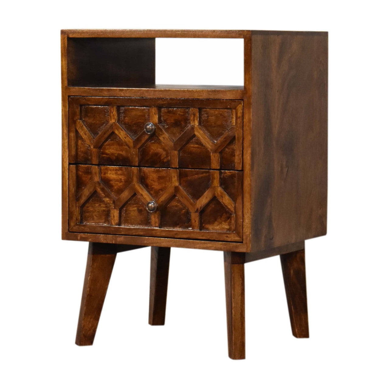 Amouri Bedside Table 2 Drawer Chest in Chestnut Finish Over SOlid Mango Wood - CasaFenix