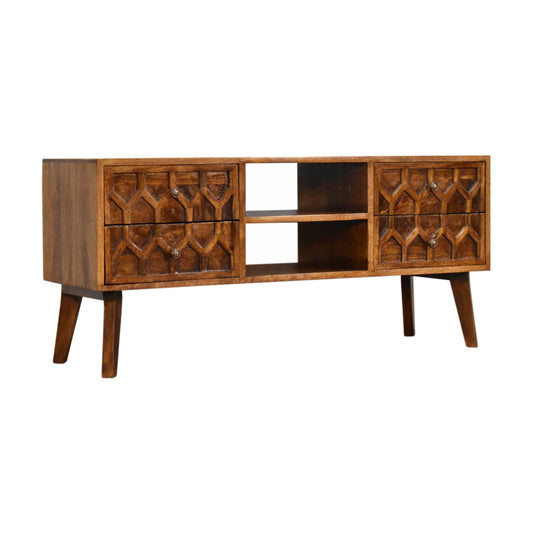 Amouri Art Deco Media Unit Large TV Stand Solid Mango Wood Chestnut Finish - CasaFenix