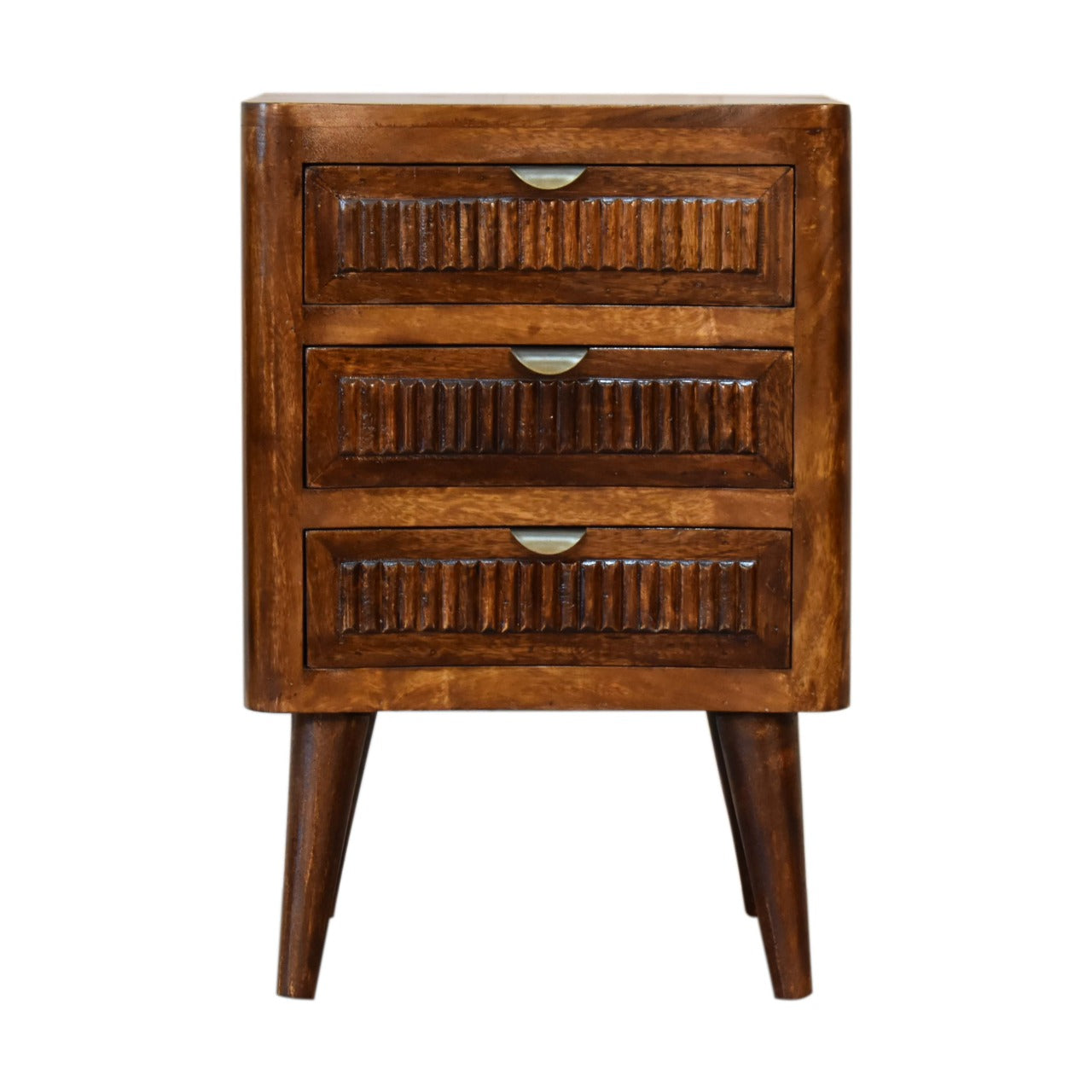 Capri Bedside Table 3 Drawer Chest Carved Solid Mango Wood With Chestnut Finish - CasaFenix