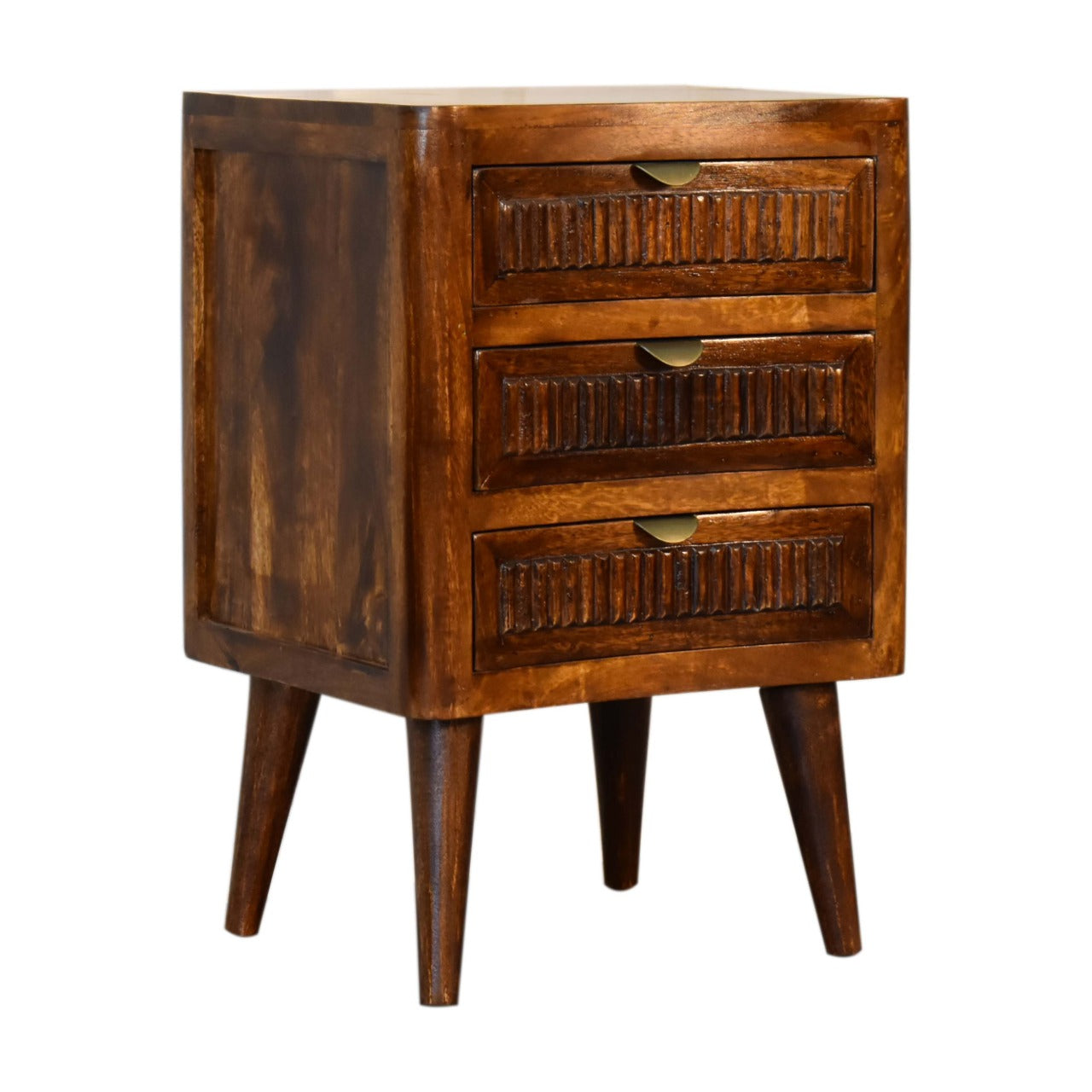 Capri Bedside Table 3 Drawer Chest Carved Solid Mango Wood With Chestnut Finish - CasaFenix