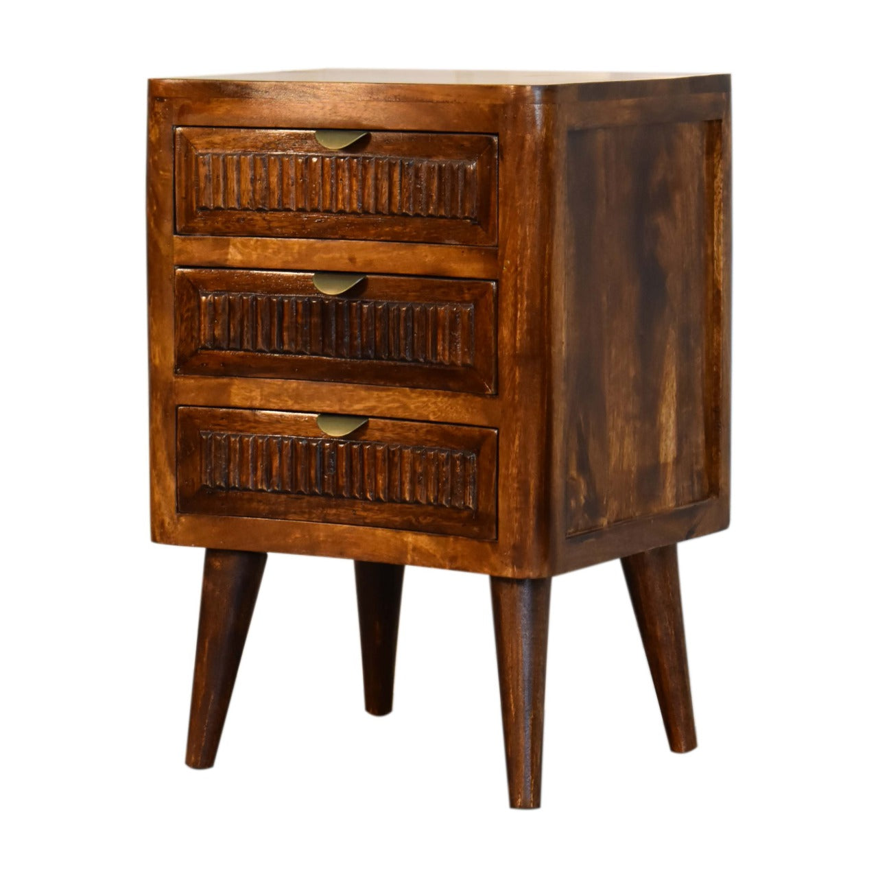 Capri Bedside Table 3 Drawer Chest Carved Solid Mango Wood With Chestnut Finish - CasaFenix