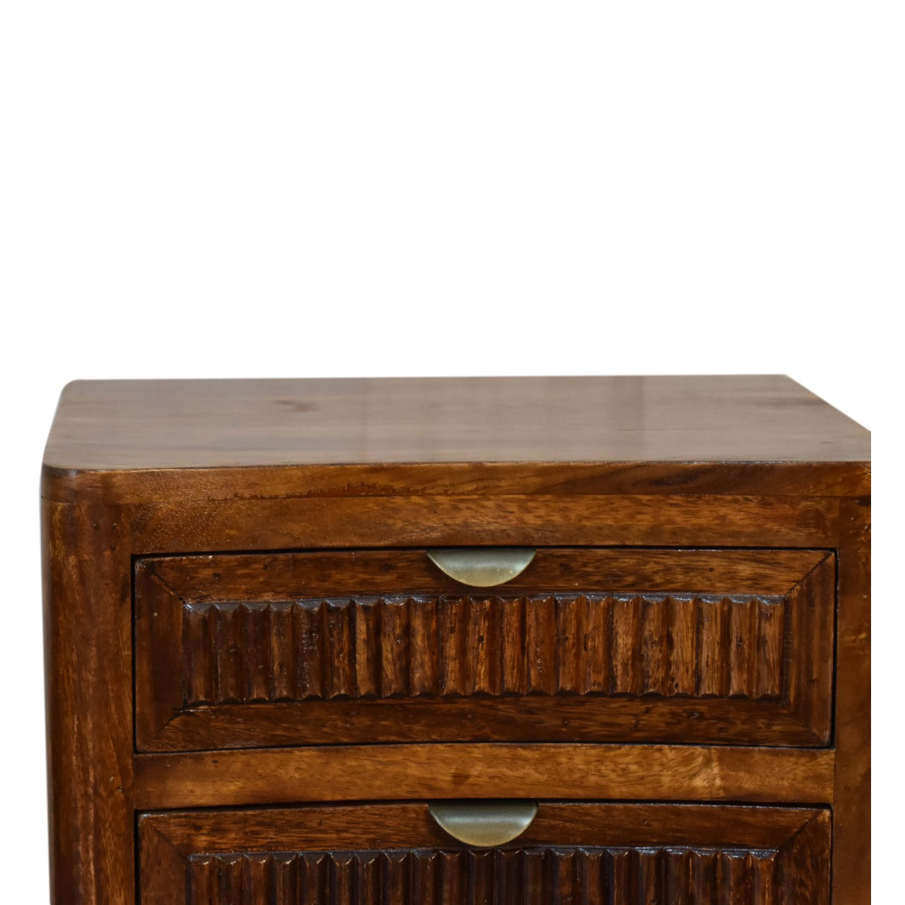 Capri Bedside Table 3 Drawer Chest Carved Solid Mango Wood With Chestnut Finish - CasaFenix