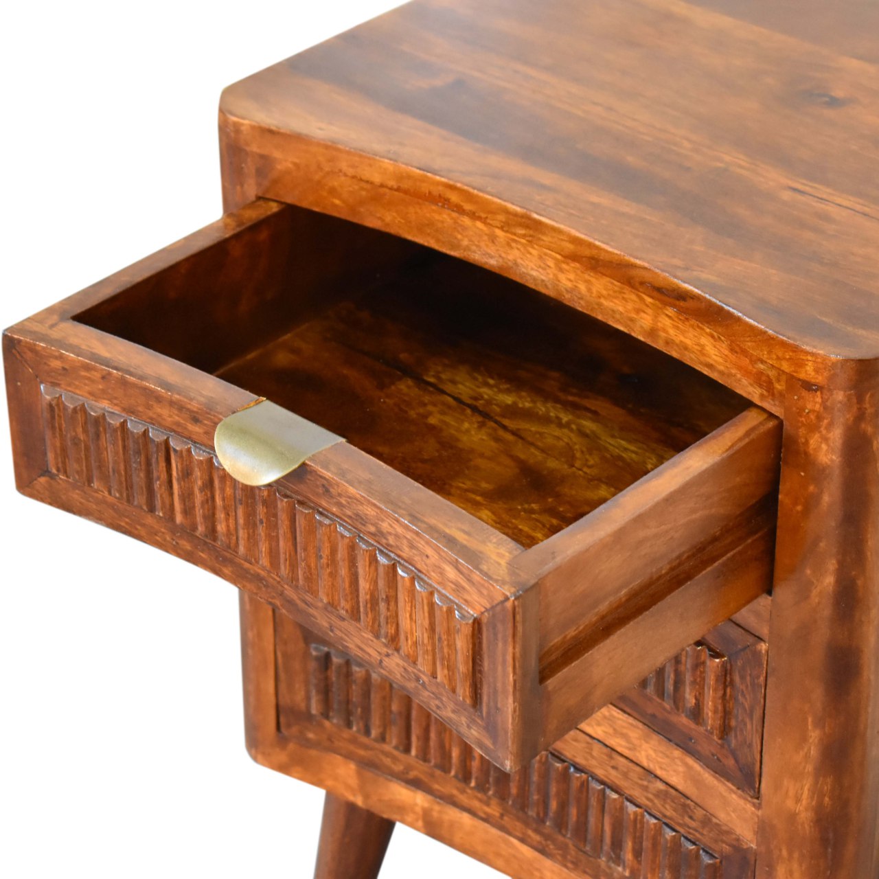 Capri Bedside Table 3 Drawer Chest Carved Solid Mango Wood With Chestnut Finish - CasaFenix