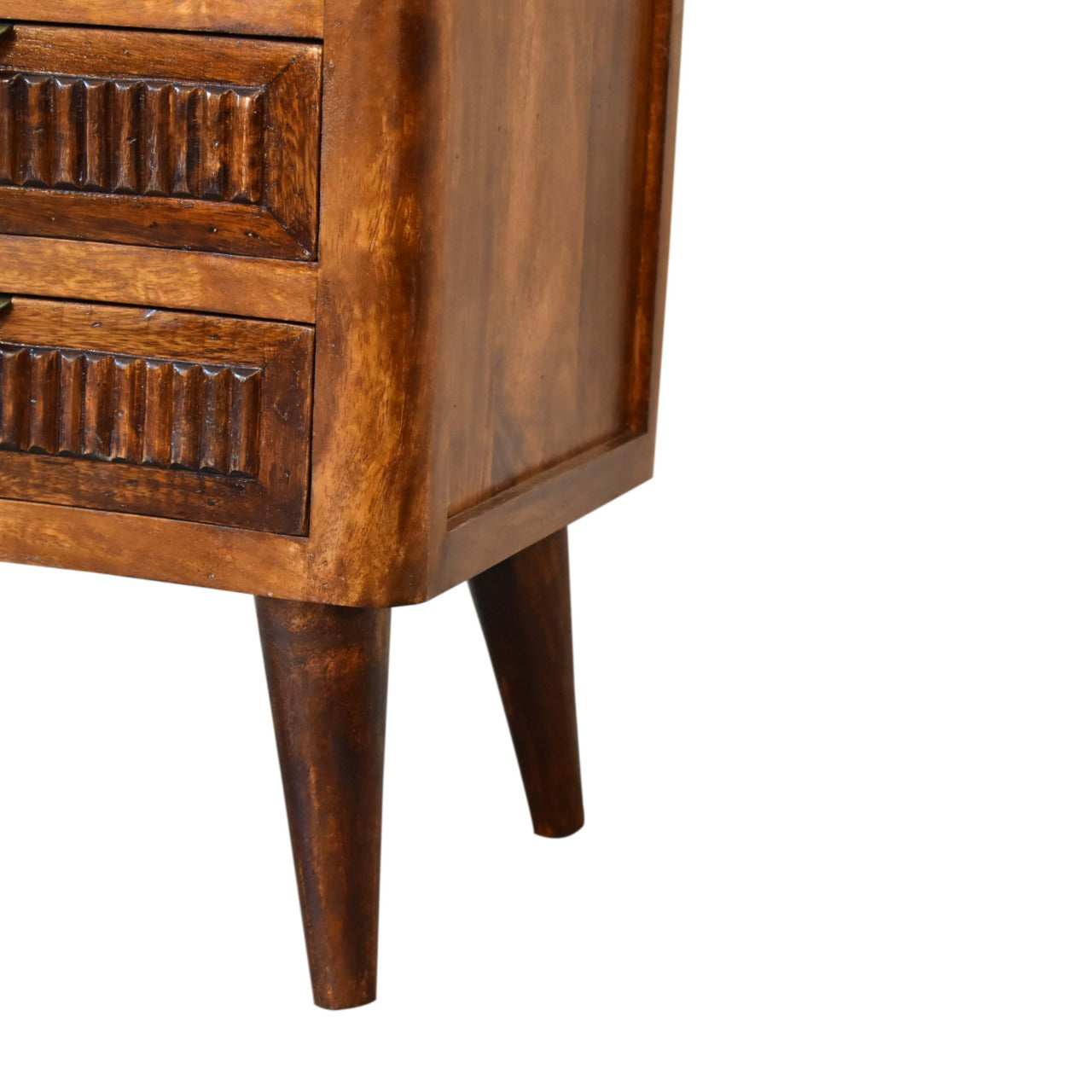 Capri Bedside Table 3 Drawer Chest Carved Solid Mango Wood With Chestnut Finish - CasaFenix