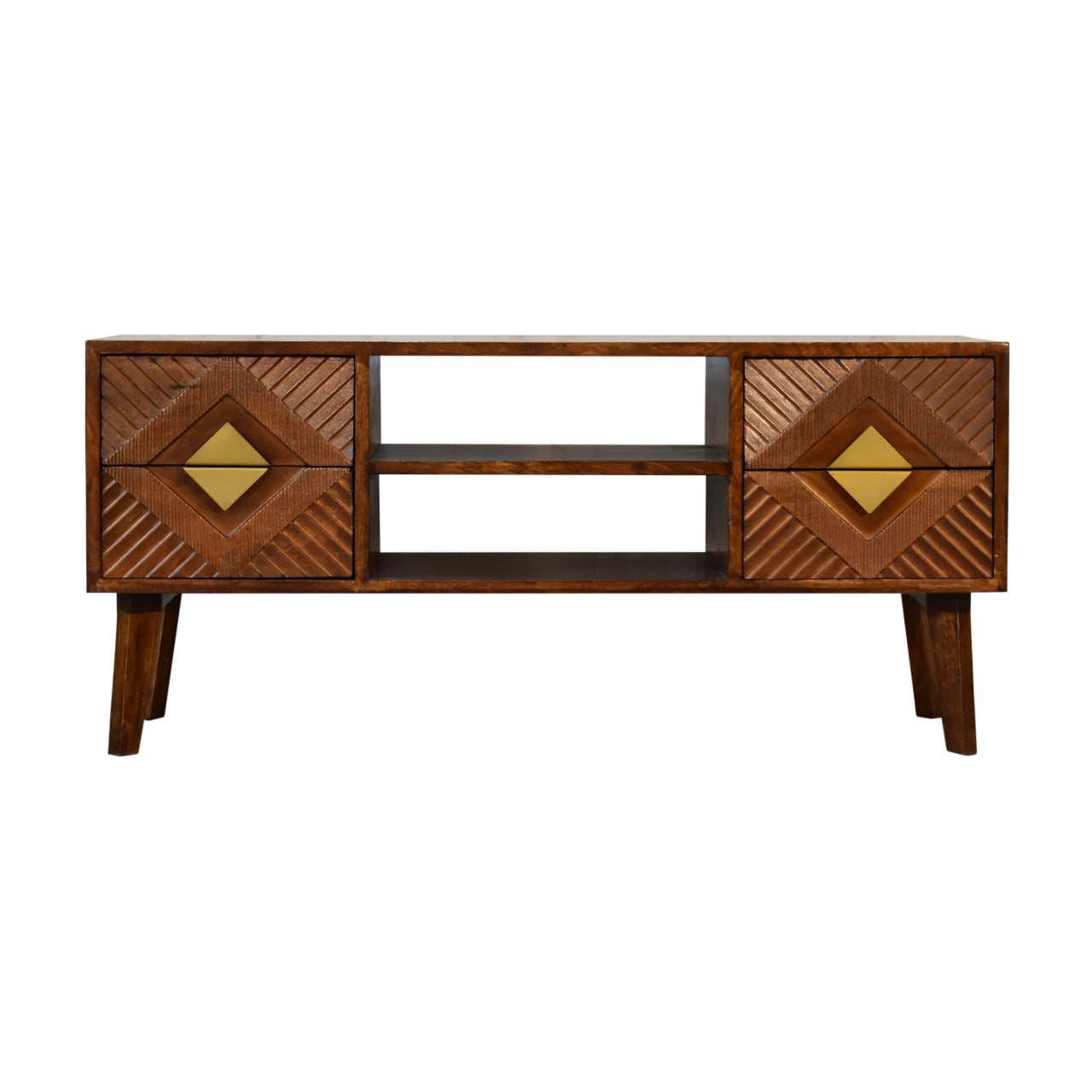 Alma Media Unit 4 Drawer Large TV Stand Chestnut Finish over Solid Mango Wood 2 Tone - CasaFenix