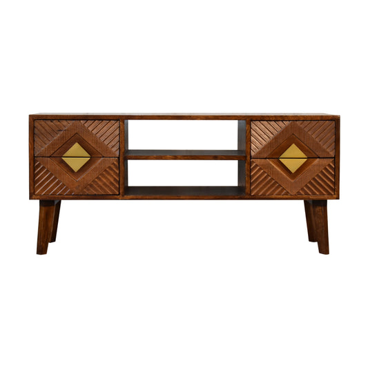 Alma Media Unit 4 Drawer Large TV Stand Chestnut Finish over Solid Mango Wood 2 Tone - CasaFenix