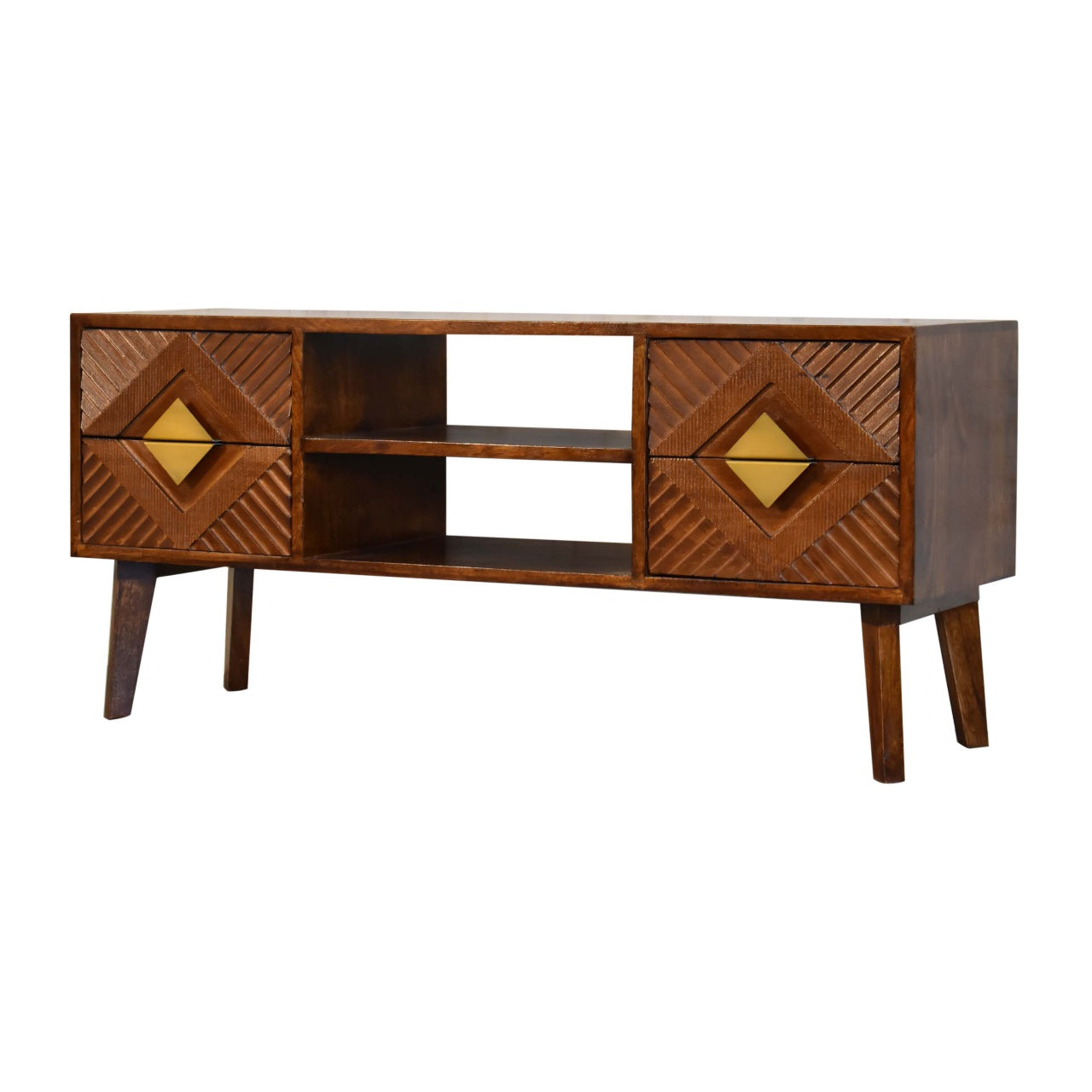 Alma Media Unit 4 Drawer Large TV Stand Chestnut Finish over Solid Mango Wood 2 Tone - CasaFenix