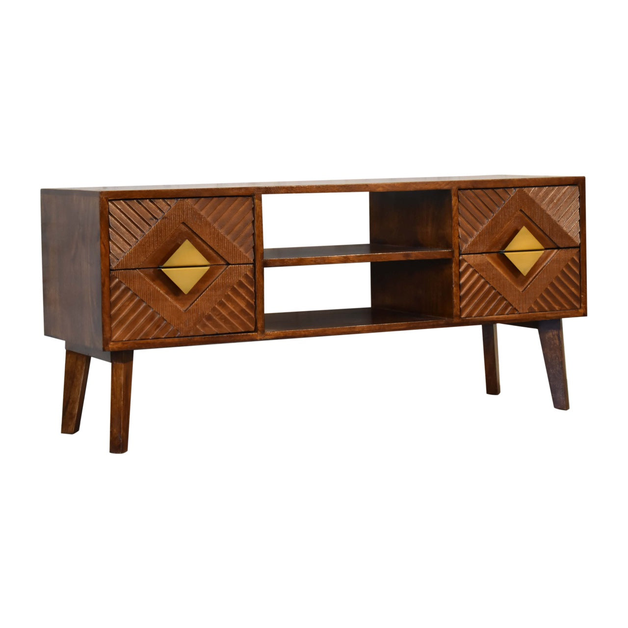 Alma Media Unit 4 Drawer Large TV Stand Chestnut Finish over Solid Mango Wood 2 Tone - CasaFenix