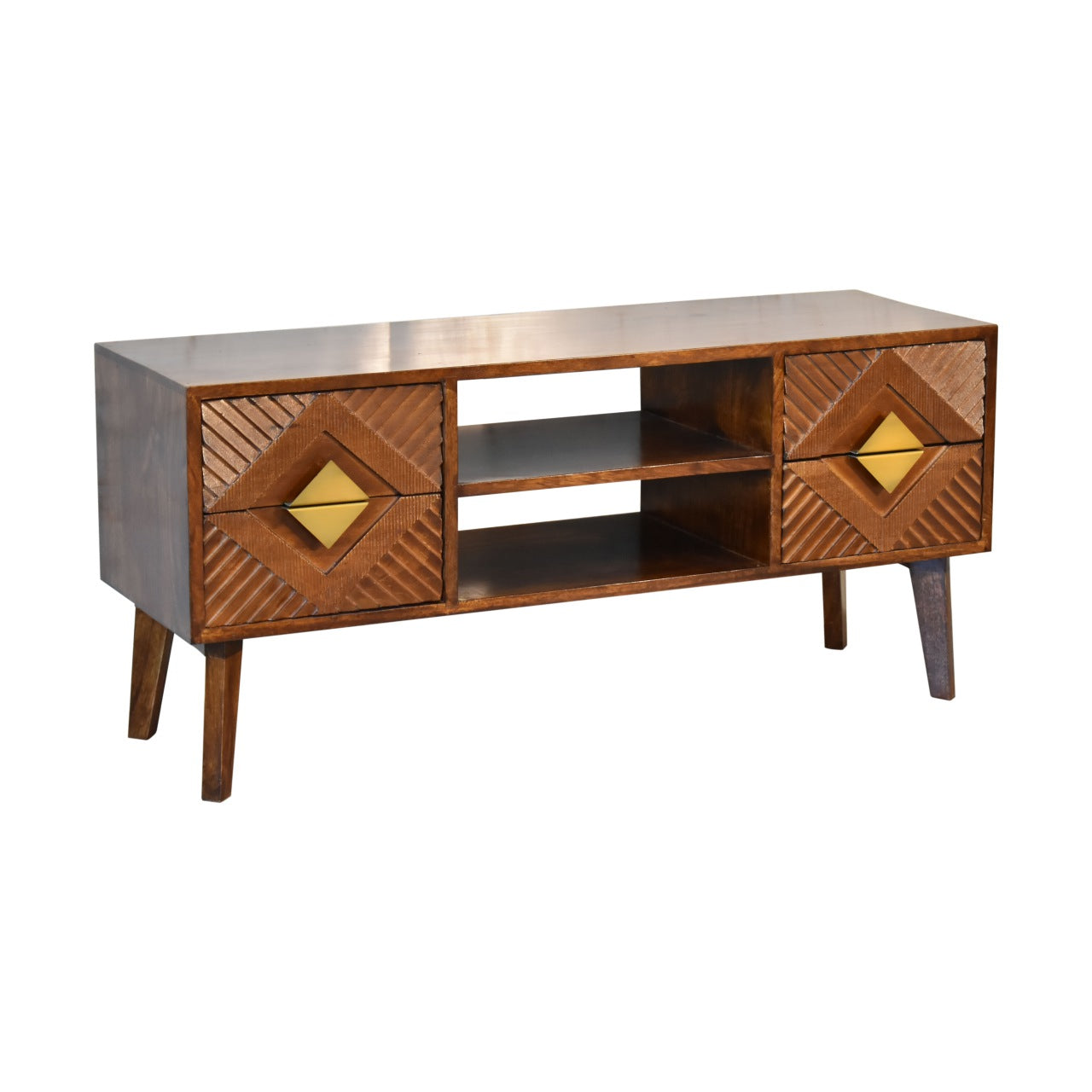 Alma Media Unit 4 Drawer Large TV Stand Chestnut Finish over Solid Mango Wood 2 Tone - CasaFenix